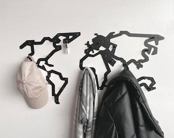 Metal wall map hanger for clothes Industrial home decor Entryway shelf with hooks Unique hanging world map Custom wall mont coat rack gifts