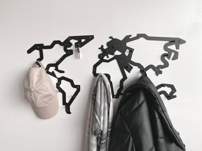 Metal wall map hanger for clothes Industrial home decor Entryway shelf with hooks Unique hanging world map Custom wall mont coat rack gifts image 1