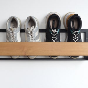 Hallway metal wall mounted shoe rack Industrial wood schuhregal Entryway shoe storage Unique open floating shelf Metal vertical shelves gift image 5