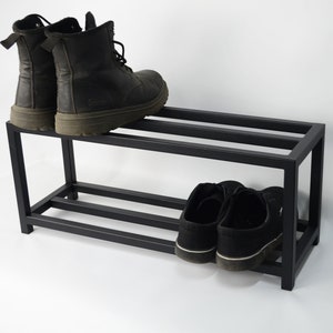 Hallway 2 tier metal shoe rack Entryway modern custom shoe organizer for housewaming gift Industrial shoe storage Handmade black shoe stand image 1