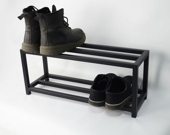 Étagère à chaussures en métal à 2 niveaux pour couloir, organisateur de chaussures personnalisé moderne pour cadeau de ménage, rangement de chaussures industriel, support de chaussures noir fait à la main