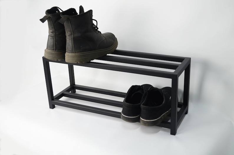 Hallway 2 tier metal shoe rack Entryway modern custom shoe organizer for housewaming gift Industrial shoe storage Black shoe furniture stand image 1