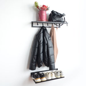 Entryway wall mount metal shoe rack with coat hooks Industrial hallway shelf organizer Modern floating mudroom closet furniture Open cabinet