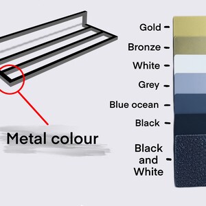 May include: A black metal towel rack with three bars. The rack is mounted to a wall. The metal is available in a variety of colors, including gold, bronze, white, grey, blue ocean, black, and black and white.