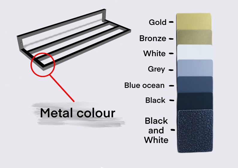 May include: A black metal towel rack with three bars. The rack is mounted to a wall. The metal is available in a variety of colors, including gold, bronze, white, grey, blue ocean, black, and black and white.