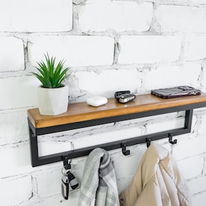 Entryway wall mounted coat rack with hooks Metal black industrial coat stand with shelf Hallway floating shelf Farmhouse coat rack for gifts