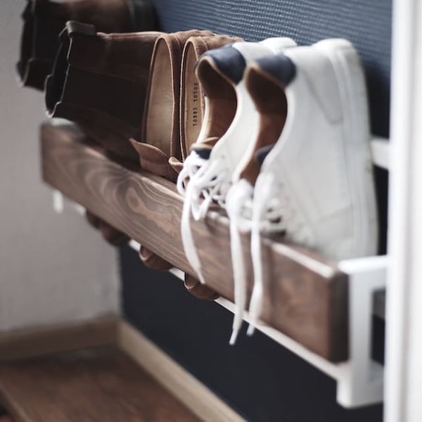 Hallway metal wall mounted shoe rack Entryway wood schuhregal Industrial shoe storage Unique open floating shelf Shoe shelves for home decor