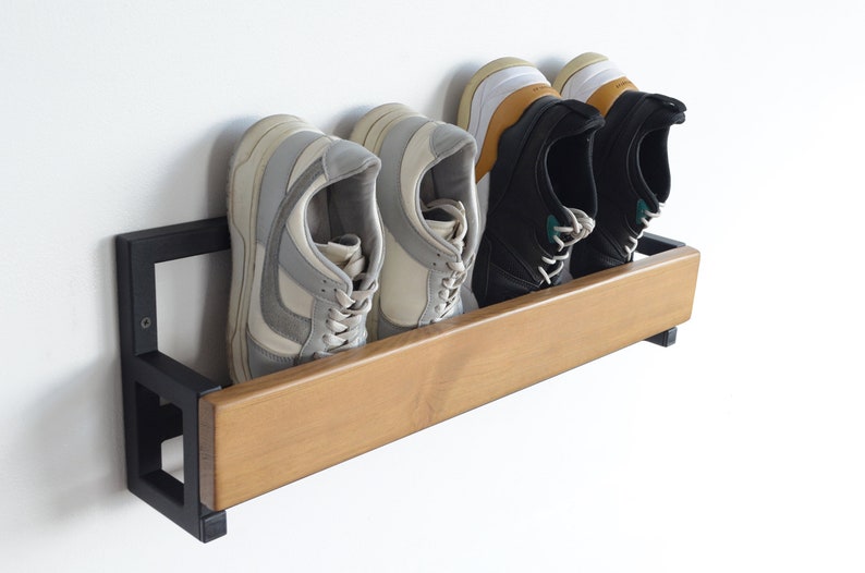 Hallway metal wall mounted shoe rack Industrial wood schuhregal Entryway shoe storage Unique open floating shelf Metal vertical shelves gift image 7