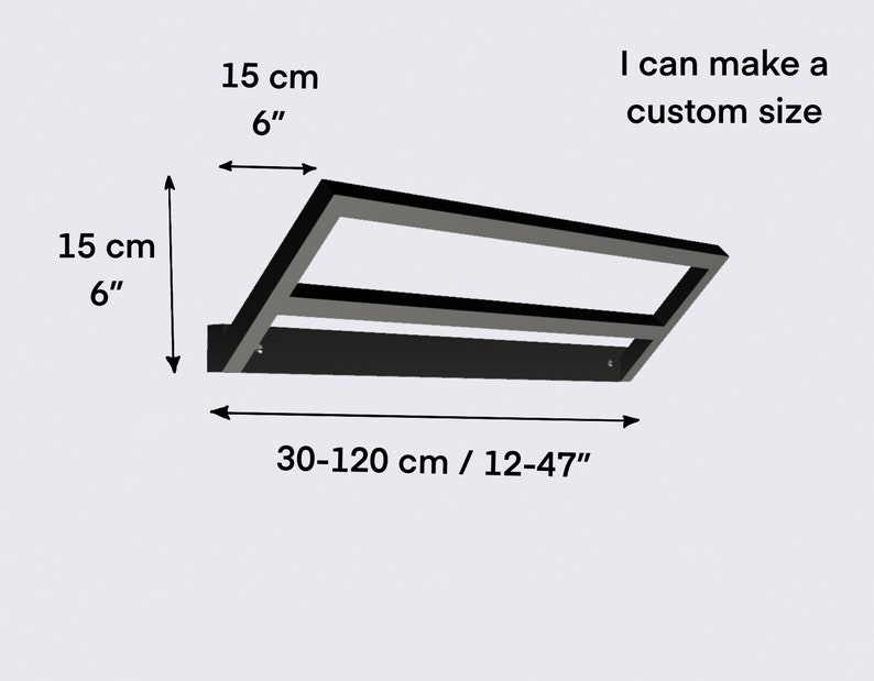 May include: Black metal shelf with two tiers, measuring 6 inches tall and 12 to 47 inches wide. The shelf is shown with measurements in both inches and centimeters.  I can make a custom size.