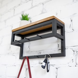 Wall Mounted Coat Rack with Shelf: Industrial Metal & Black Wood