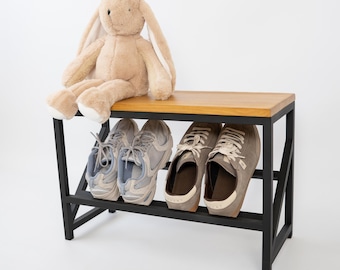 Entryway Metal Shoe Bench with Wood Top: Industrial Hallway Organizer