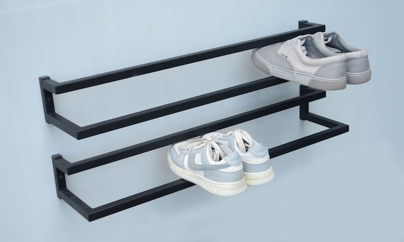 Wall mount shoe rack Black set 2 shoe stand Industrial schuhregal metall Entryway custom shoe furniture housewarming gift Metal shelf decor zdjęcie 3