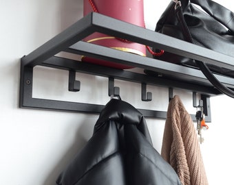 Industrial Farmhouse Entryway Shelf with Steel Hooks - Coat Rack Organizer
