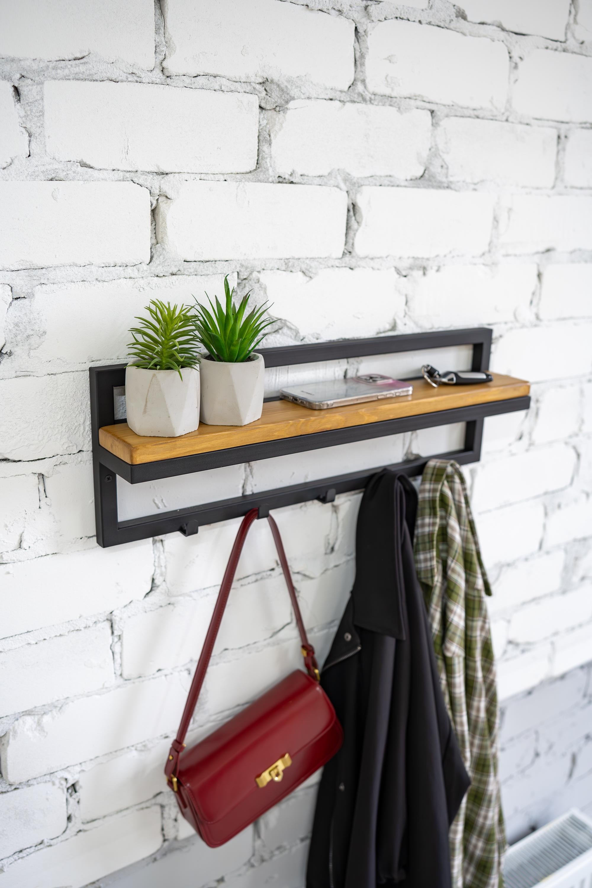 Wall mounted metal coat rack,  Entryway shelf with hooks,  Industrial hallway storage, Unique clothing shelf, Wandgarderobe metall gift rack