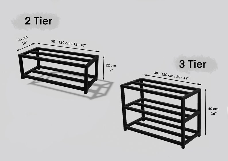 May include: Two black metal shelf units, one with two tiers and the other with three tiers. The shelves are adjustable in width from 12 to 47 inches. The two-tier shelf is 10 inches tall and the three-tier shelf is 16 inches tall.