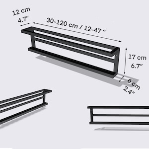 Technical drawing of wall mounted metal shoe rack with measurements. The shelf is 30-120 cm long and 17 cm high. The shelf is 6 cm deep. The shelf is shown in three different views.