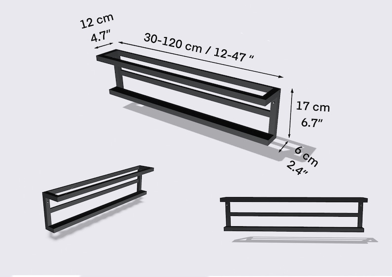 Technical drawing of wall mounted metal shoe rack with measurements. The shelf is 30-120 cm long and 17 cm high. The shelf is 6 cm deep. The shelf is shown in three different views.