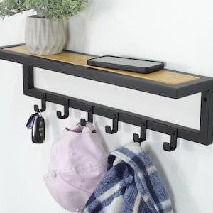 Wall Mounted Coat Rack with Shelf Industrial Metal and Wood Hooks for Entryway Hallway, Mudroom, Hanger for Jackets, Hats, Keys Custom Sizes