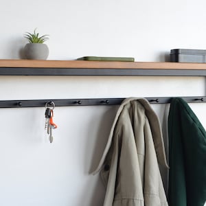 Entryway wall mounted coat rack with hooks Industrial metal decor Hallway floating shelf Black wooden towel rail Farmhouse coat stand gifts image 2