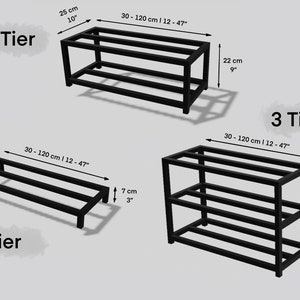 May include: Black metal shelf unit with three tiers. The shelf is 40 inches tall, 12 to 47 inches wide, and 10 inches deep. The shelf is shown in three different configurations: 1 tier, 2 tiers, and 3 tiers.