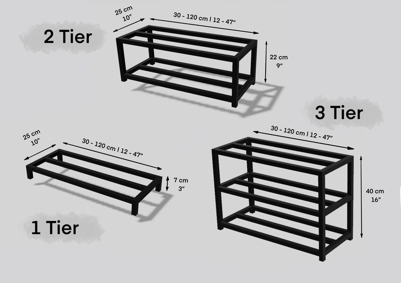 May include: Black metal shelf unit with three tiers. The shelf is 40 inches tall, 12 to 47 inches wide, and 10 inches deep. The shelf is shown in three different configurations: 1 tier, 2 tiers, and 3 tiers.