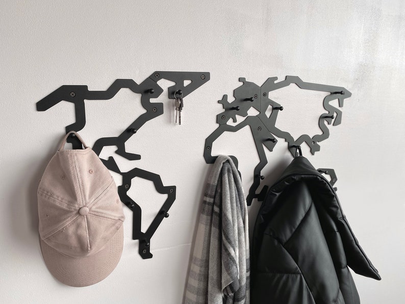 Metal wall map hanger for clothes Industrial home decor Entryway shelf with hooks Unique hanging world map Custom wall mont coat rack gifts image 7