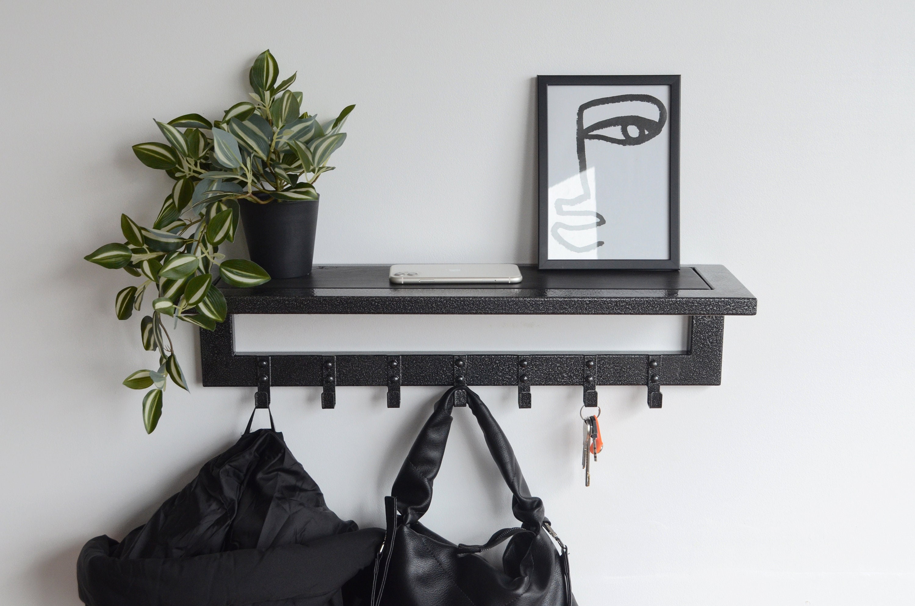 Coat Rack+Shelf Floating Rustic Handmade Wall Mounted 7 Black Double Hooks