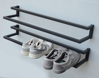 Wall mount shoe rack Black set 2 shoe stand Industrial schuhregal metall Entryway custom shoe furniture housewarming gift Metal shelf decor