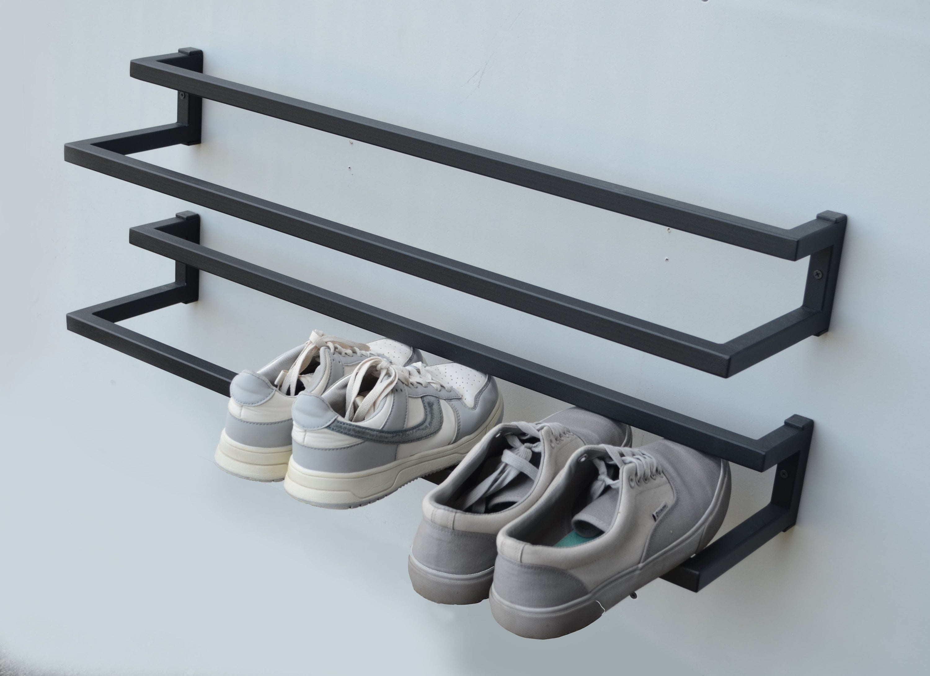 Space-saving Black Metal Shoe Rack With Hooks For Entryway