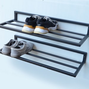 Entryway 2 set open shoe shelf Wall mount metal shoe rack Industrial hallway storage Modern custom organizer furniture Shoe shelf place gift