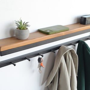 Entryway wall mounted coat rack with hooks Industrial metal decor Hallway floating shelf Black wooden towel rail Farmhouse coat stand gifts image 6