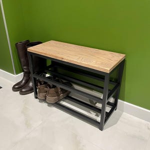 Entryway metal shoe rack Wooden shoe organiser Industrial schuhregal metall Hallway modern storage Black rustic housewarming handmade shelf