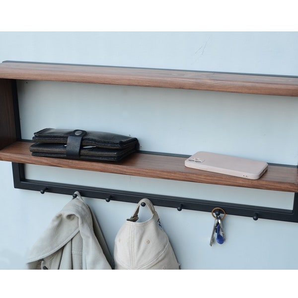 Metall Wand Montierung Garderobe mit Regal Kleiderbügel Regal Rustikales recyceltes Rack Geschenk Industrielles Eingangsregal mit Haken Holz Bücherregale