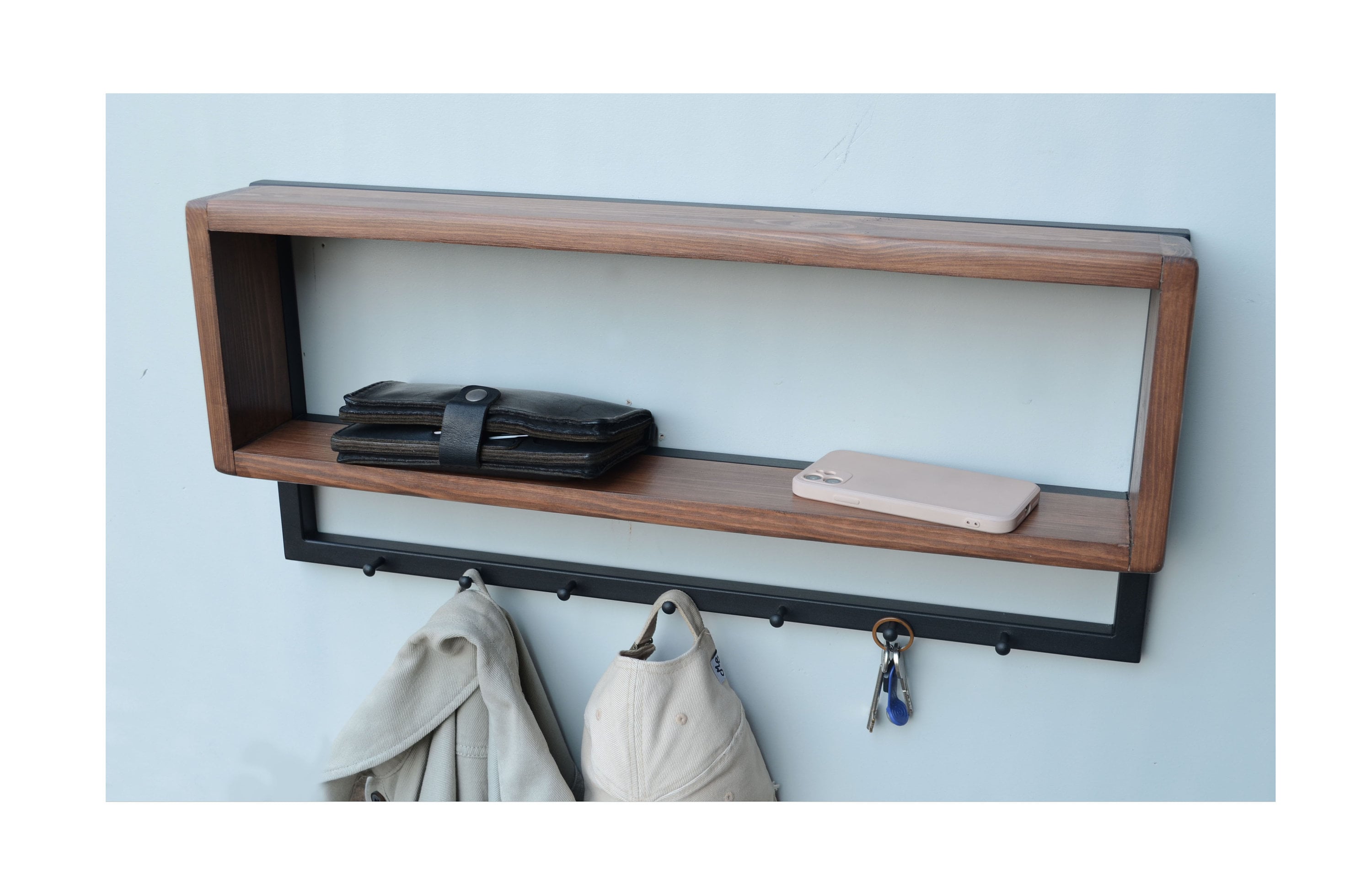 Coat Rack+Shelf Floating Rustic Handmade Wall Mounted 7 Black Double Hooks