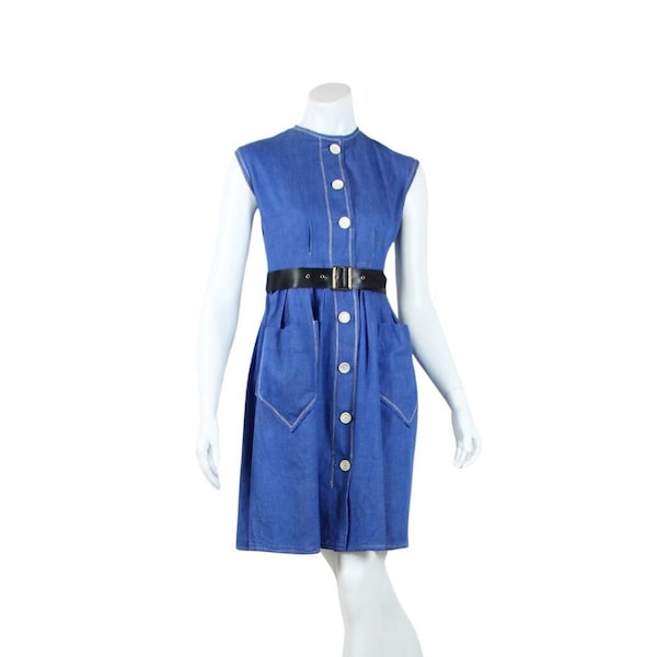 BOUSSAC TISSU/ France années 1950 Rockabilly Brigitte Bardot vintage bleu denim robe chemise blouse robe