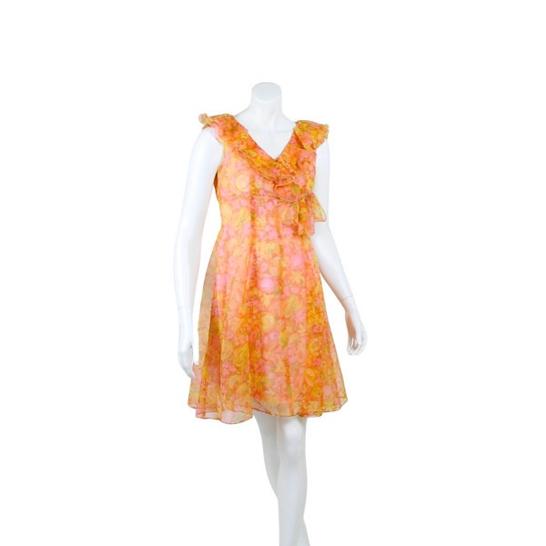 LISSNER & RÖSNER 1960er Vintage leichtes Boho Summer of Love Sommerkleid mit orange-gelbem Blumendruck