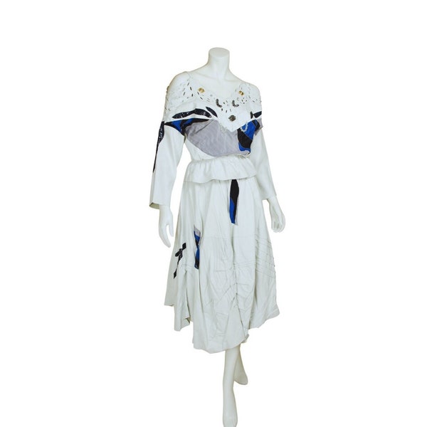 ASTRID UHLENDORFF 1980er Vintage Couture „Kunst zum Tragen“ extravagant weißes Leder-Ensemble Top mit Rock, Seidenmalerei Einzelstück!