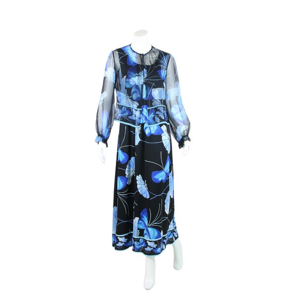 1970er VERENA MODELLE Vintage Boho Hippie Blaue Blumen Sommer Partykleid Abendkleid mit passender Chiffonbluse