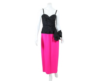 Vintage 1990s German Semi Couture long shocking pink black silk evening dress with bustier and bow