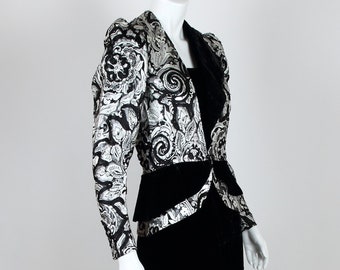 LÉONARD V1980 vintage ensemble black bustier dress with silver brocade jacket, ca. 36/38