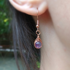 Amethyst drop earrings, Sterling silver, Copper, Non-tarnish handmade wire earrings, February birthstone, Co worker Christmas gift, Aquarius