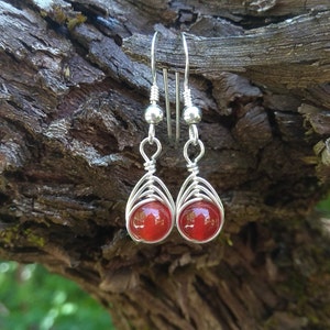 Carnelian drop earrings, July birthstone jewelry, July earrings, Sterling silver, Copper, Non-tarnish handmade earrings, Wirewrapped jewelry