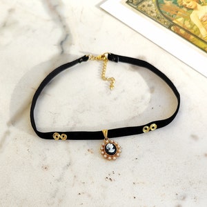Cameo Velvet Choker: Victorian Style, Non Tarnish Brass