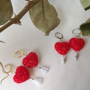 Red heart earrings, Lovers gift, Candy earrings, Stainless steel, Non-tarnish jewelry, Wirewrapped jewelry, Red and white, Dangle earrings