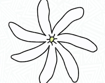 May include: A black and white line drawing of a six-pointed flower with a yellow center.