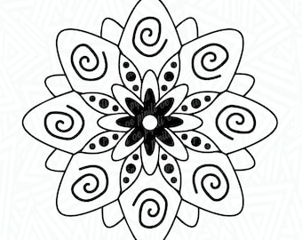 May include: Black and white mandala design with a flower in the center. The mandala has a circular shape with a repeating pattern of swirls and dots.