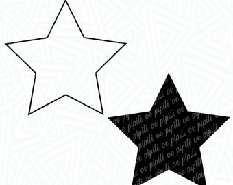 May include: Two black and white star shapes. The top star is an outline and the bottom star is filled in black. The text "SVG | PNG | DXF | EPS | JPG" is below the stars. The text "Commercial Use for Physical Products Only" is below the text.