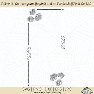 May include: Black and white line art illustration of a floral frame with a decorative border. The frame is surrounded by a pattern of small circles. The text "Follow Us On Instagram @e.pipili and on Facebook @Pipili 'Oe, LLC" is at the top of the frame. The text "SVG | PNG | DXF | EPS | JPG" is at the bottom of the frame. The text "Commercial Use for Physical Products Only" is below the file type text.