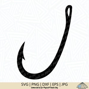 May include: A black silhouette of a fishing hook. The hook is curved and has a sharp point. The hook is isolated on a white background.