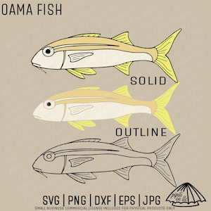 May include: Digital illustration of Oama fish in three styles: solid, outline, and a combination. The fish are yellow and white, with the word "SOLID" and "OUTLINE" below the fish. The image includes file type options: SVG, PNG, DXF, EPS, and JPG.